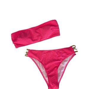 Hot Pink Textured Bandeau & Cheeky Hipster Bikini Set